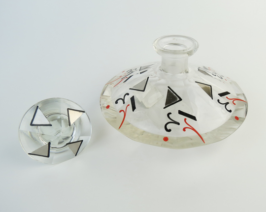 Vintage Czech 1920S Art Deco Crystal Glass Vanity Or Perfume Bottle With Black Red & Silver Highlights A Decorative Prism Stopper