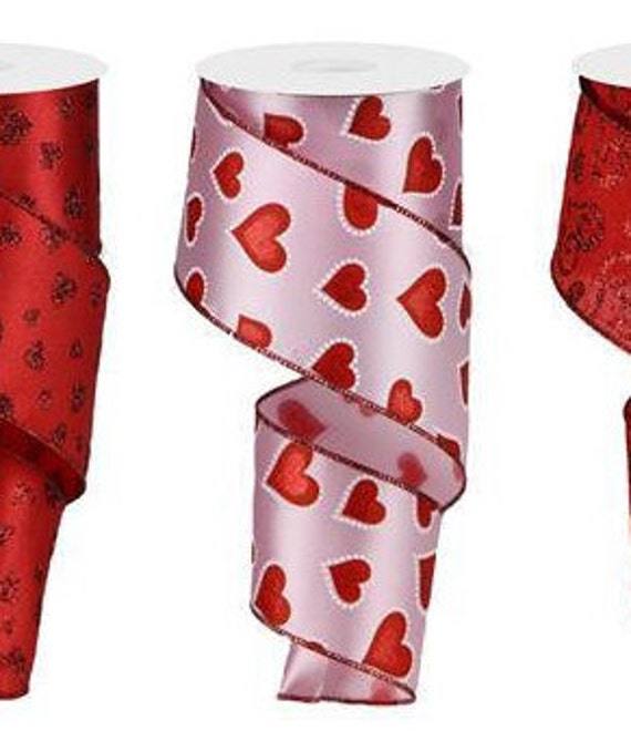 Valentine Pink Red Glitter Hearts Wired Ribbon By The Roll 2.5 Valentine's Day Wreath Bow Supplies 10 Yard Roll