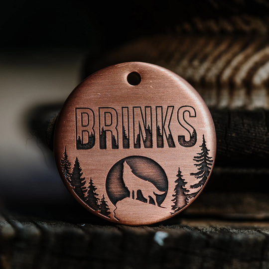Wolf Howling Dog Tag | Engraved Copper Personalized Pet Id Stars