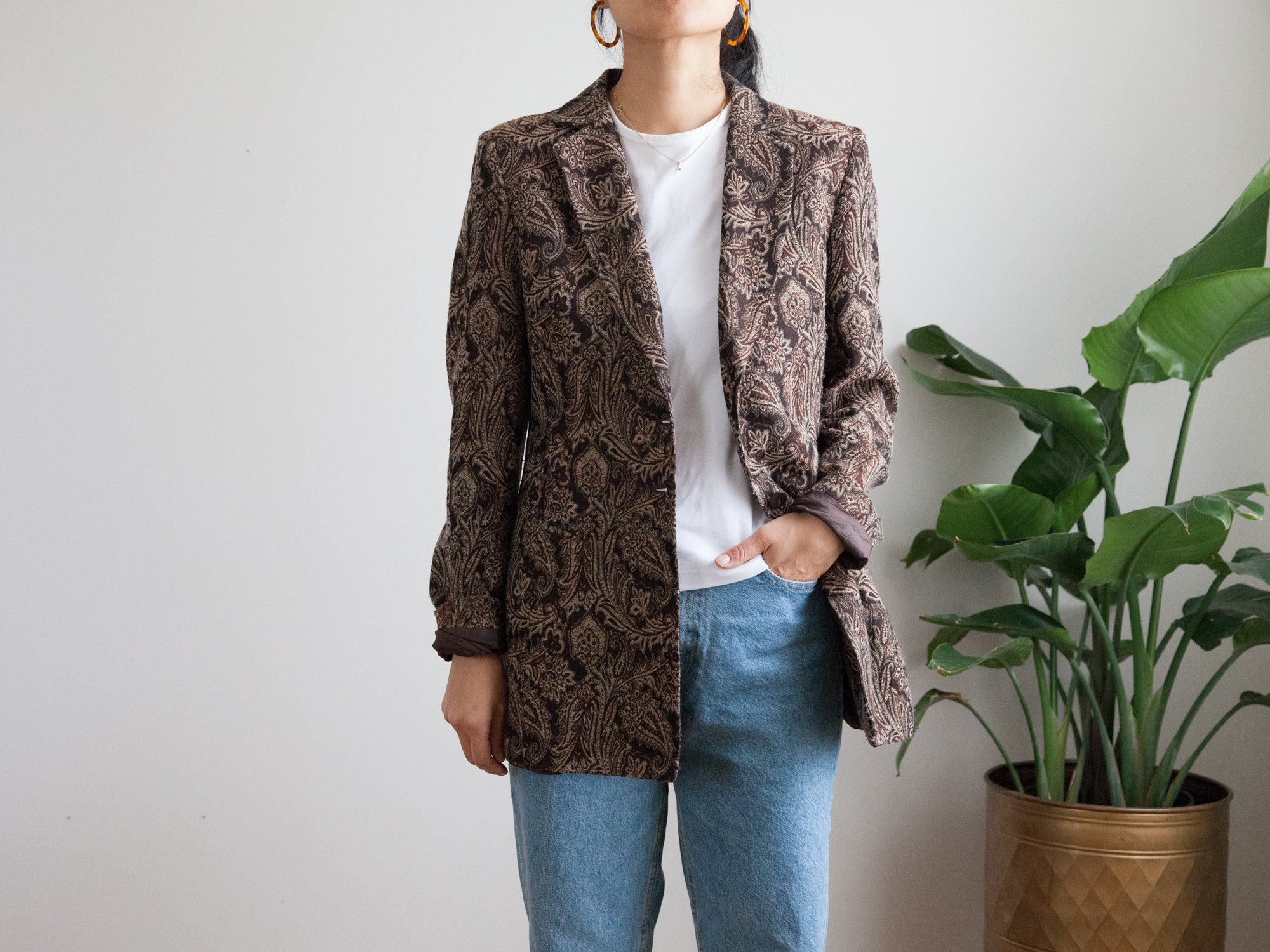 Vintage Wool Blend Brown Boho Blazer/Leaf & Paisley Print Patterned Jacket Lined Size 8