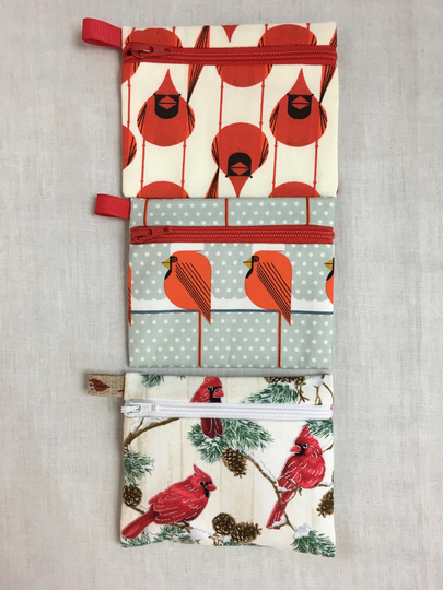 Organic Cotton Cardinal Bird Zipper Coin Purse, Credit Card Wallet, Earbud Pouch, Ipod Holder
