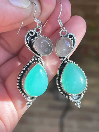 Natural, Rose Quartz, Green Chalcedony, Drop Earrings in Oxidized Silver