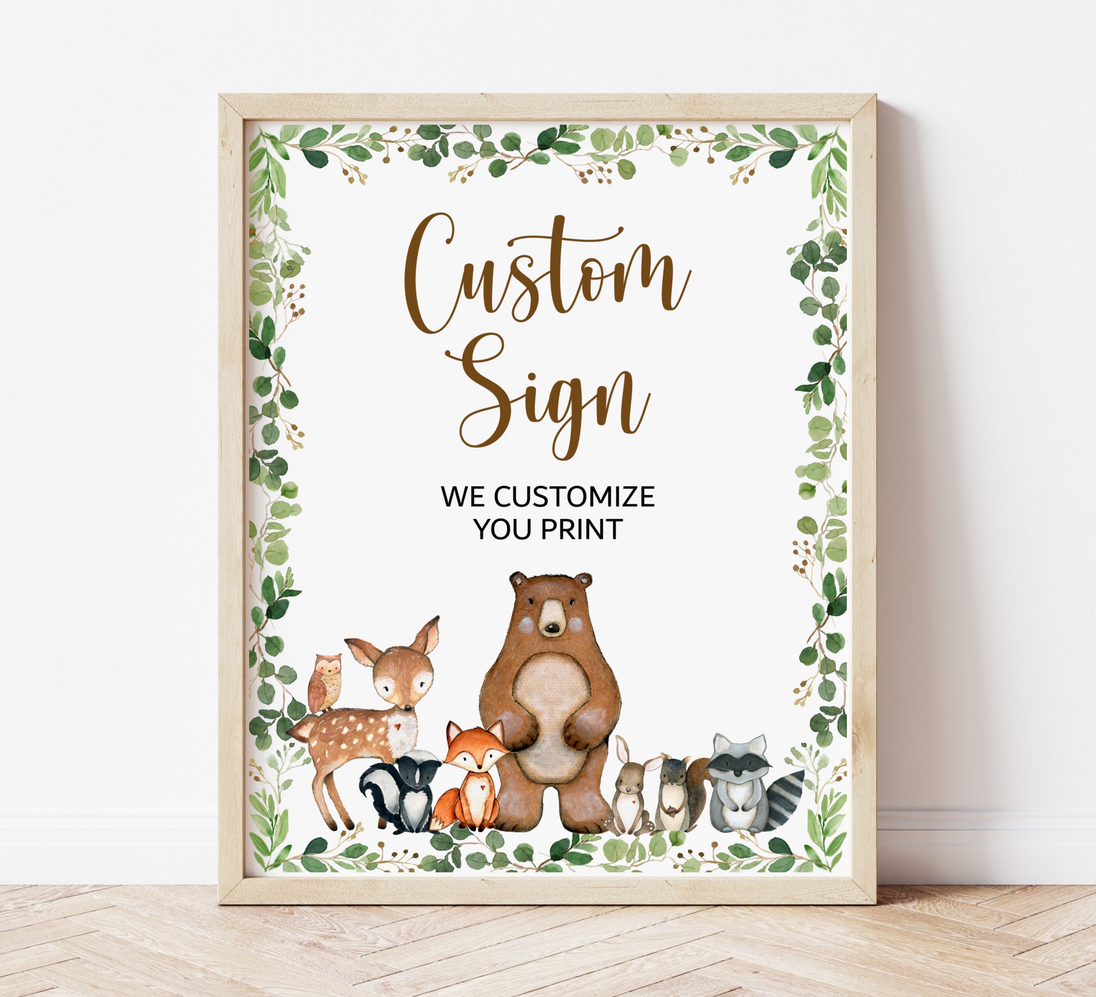Woodland Animals Custom Sign Greenery Baby Shower Forest Gender Neutral Table Printable A2 C1