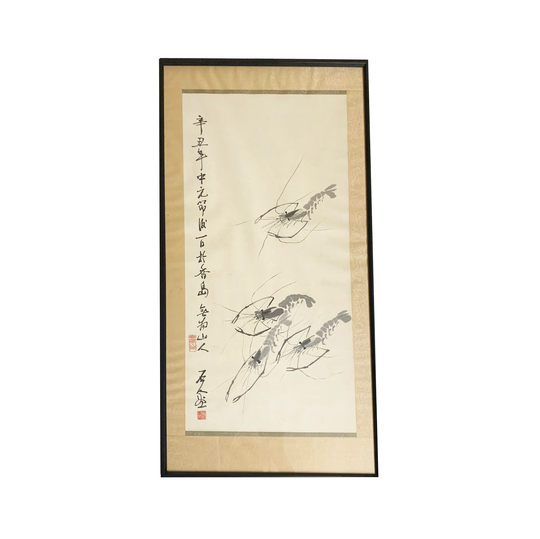 Vintage Large Qi Baishi Style Ink Wash Shrimp Framed Artwork