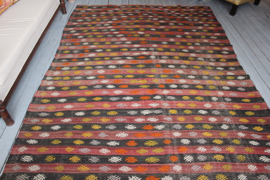 5'8"x7'9" Vintage Area Kilim Rug, Ethnic Bohemian Handwoven Wool Rug, Striped Handmade