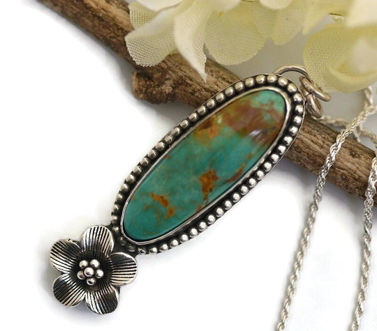 Sterling Silver Evans Turquoise Necklace Pendant Flower Southwestern Western Style Cowgirl Jewelry Artisan Handmade