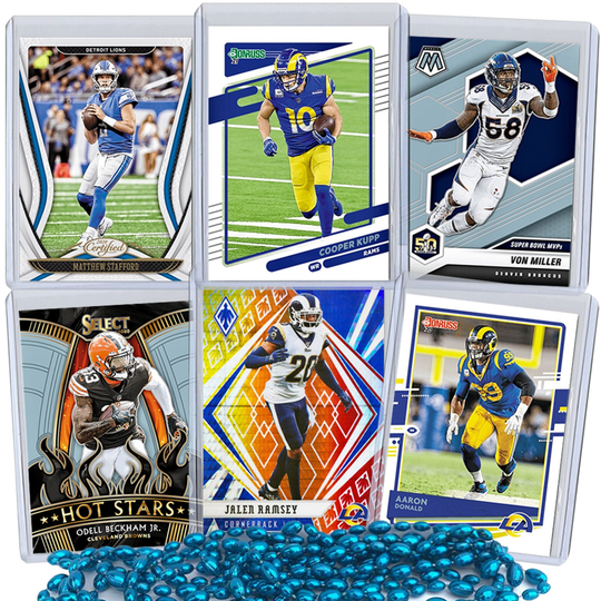 Los Angeles Rams Super Bowl Football Card Bundle, Set Of 6 Assorted Stafford Cooper Kupp Beckham Jr Donald Ramsey Miller Cards