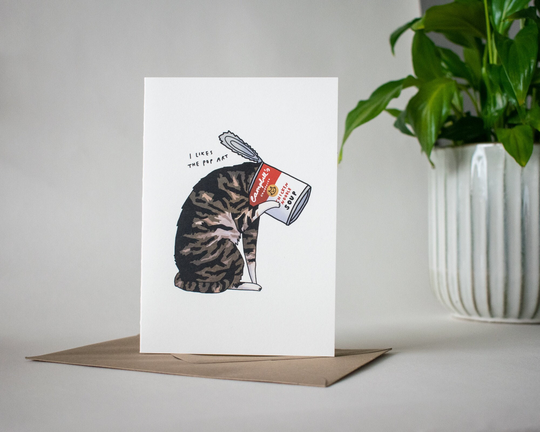 Greeting Cat Card | Folded With Original Illustration Of A Tabby Cats Head Stuck in Can Campbell's Chicken Noodle Soup, Pop Art