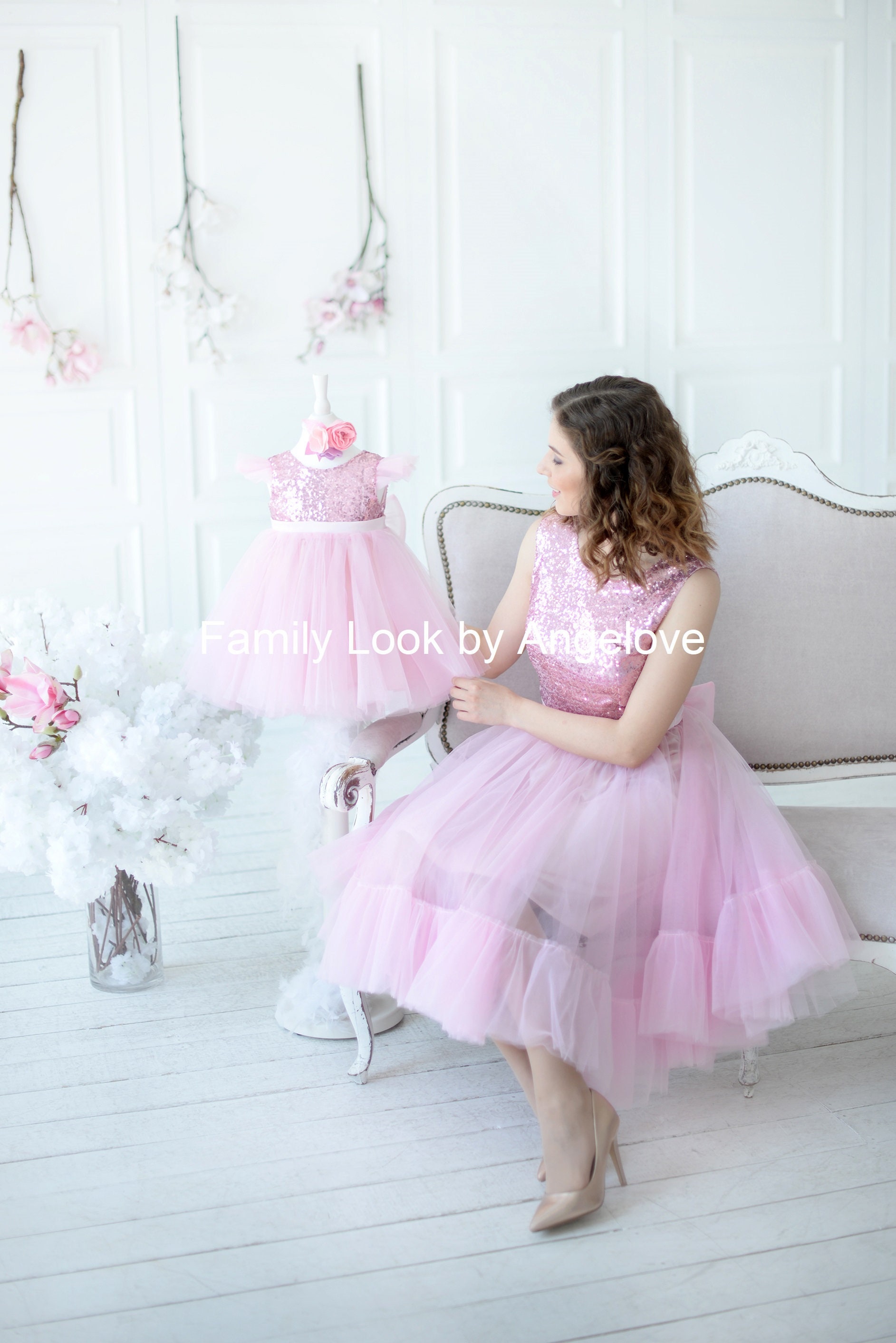 Pink Blush Mommy & Me Dress, Christmas Party Outfits First Birthday Princess, Matching Mother Daughter, Tutu Shirt