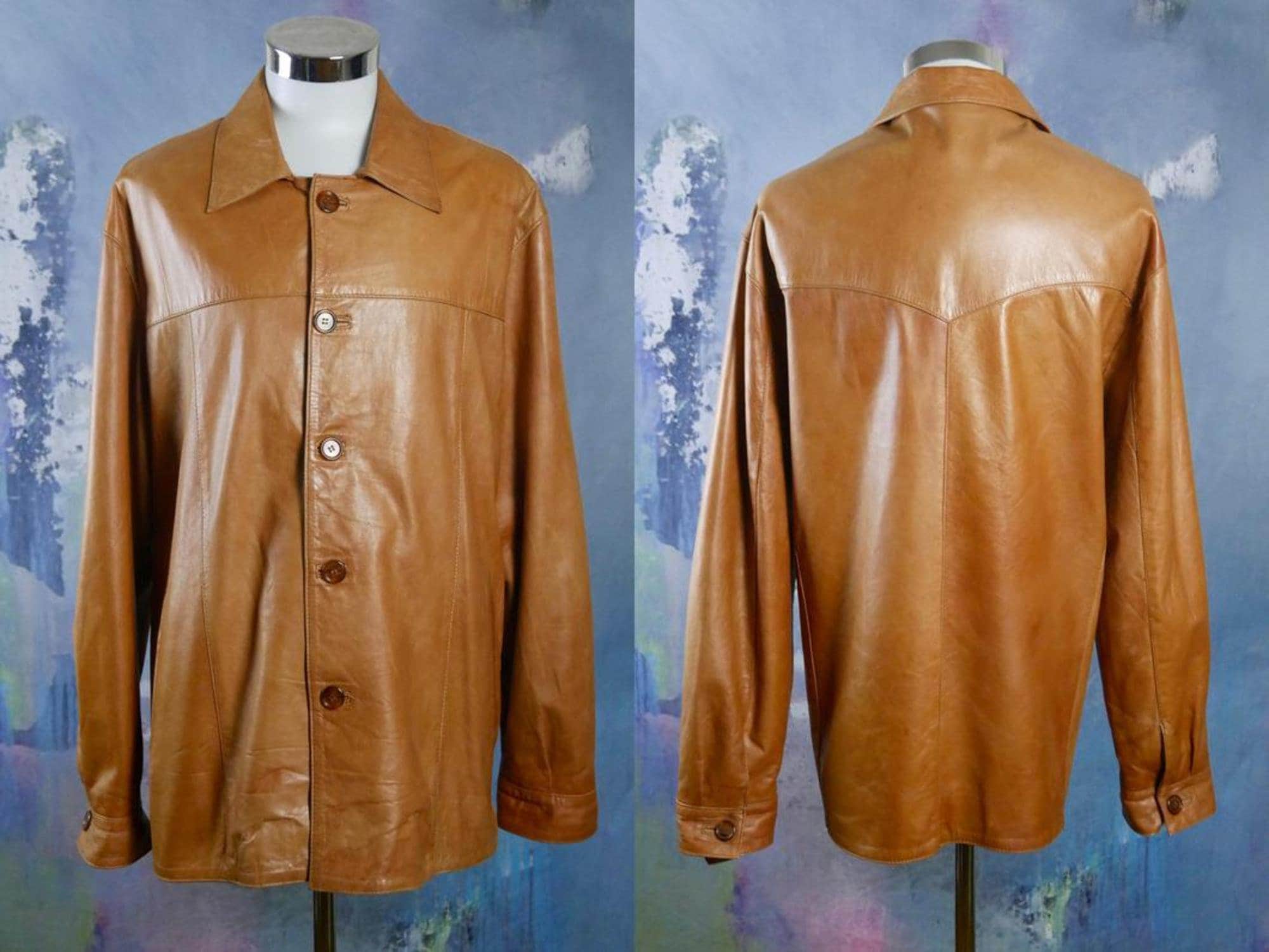 1980S Italian Vintage Camel Tan Leather Jacket Size Xxl | 48 To 50 Us/Uk