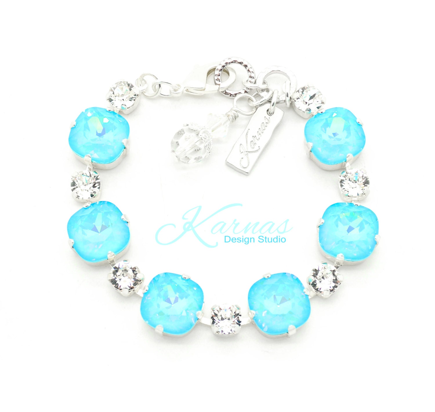 Ultra Turquoise & Crystal 12mm/6mm Crystal Bracelet Made With Elements Pick Your Finish Karnas Design Studio Free Shipping
