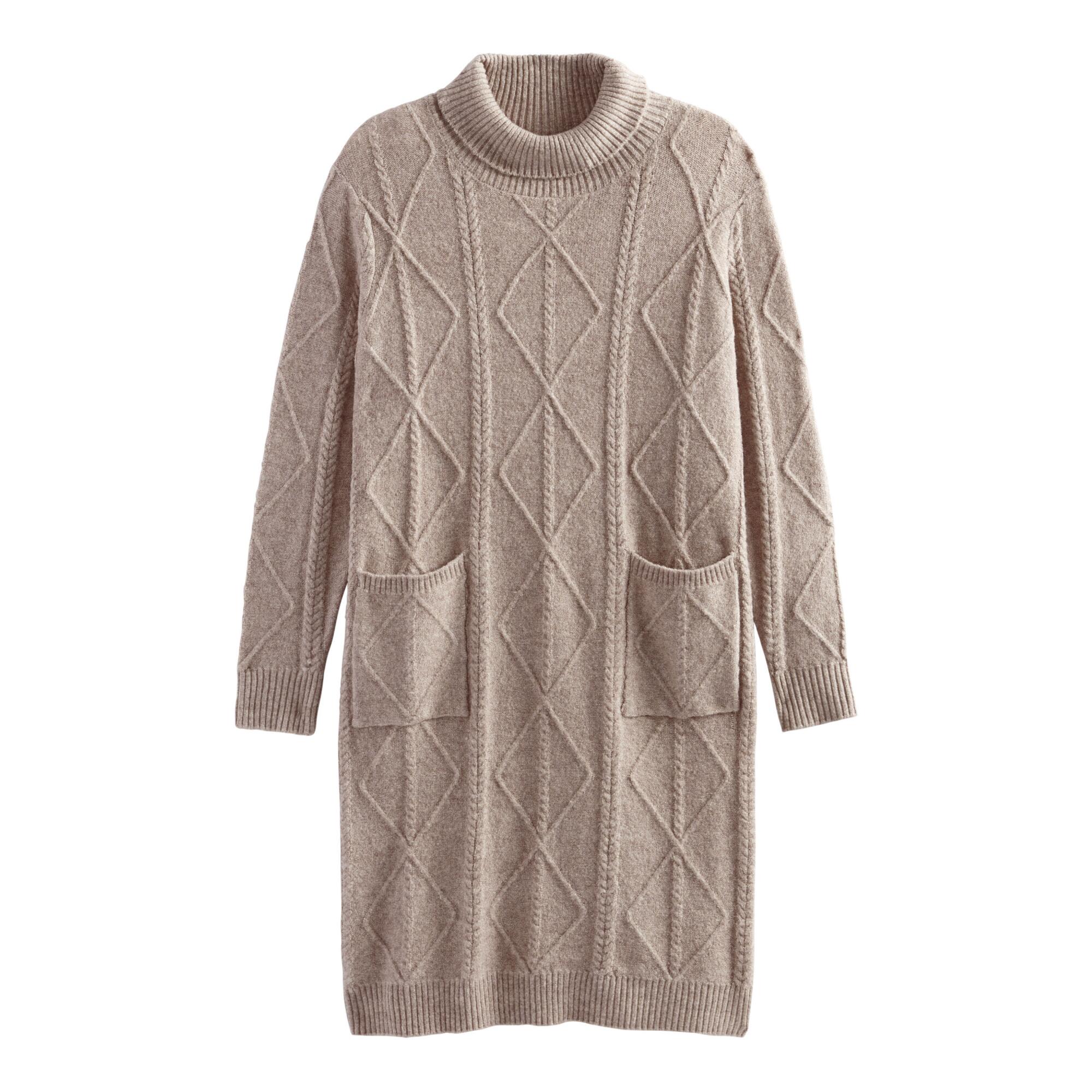 Tan Cable Knit Turtleneck Sweater Dress With Pockets: Natural by World Market