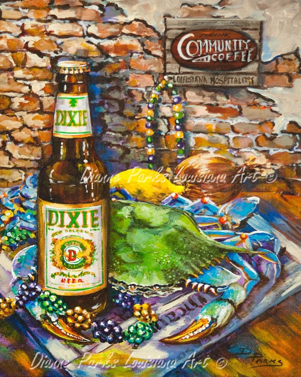 Boiled Crab Art Print, Dixie Beer, Mardi Gras Beads, Community Coffee Sign, Louisiana Seafood, Food Art, - "Dixie Love'