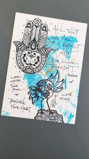 Buddha New Art Mixed Media, Painting Inspirational Bird Of Virtue Abstract 4x6 Marker One Kind Believe She Truth Hamsa