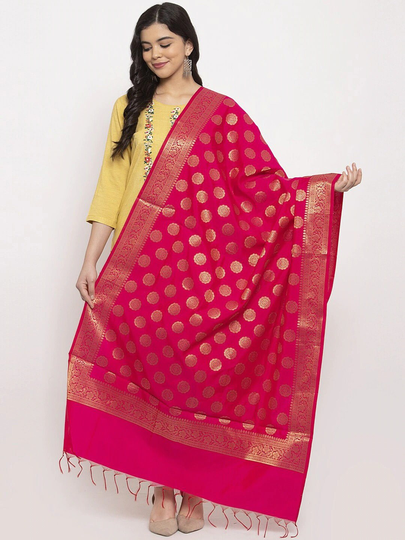 Women's Silk Blend Magenta & Gold-Toned Banarasi Woven Design Dupatta Free Shipping
