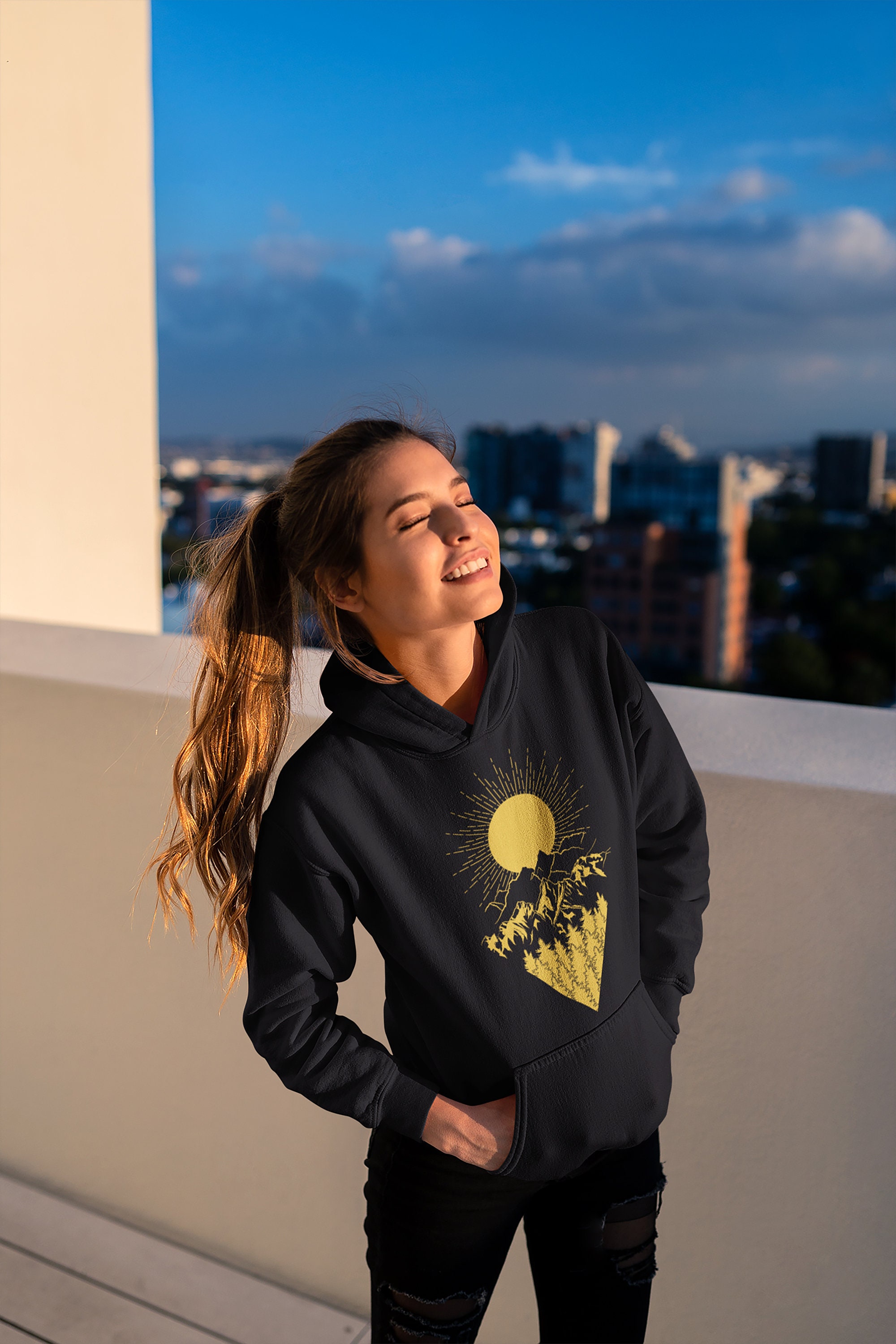 Into The Mountains | Unisex Heavy Blend Crewneck Sweatshirt/Hoodie Adventure Camping Hiking Nature Lover Pine Forest Sun
