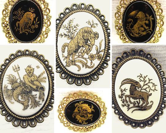 Vintage Zodiac Sign Acrylic Cabochons 40x30 Mm