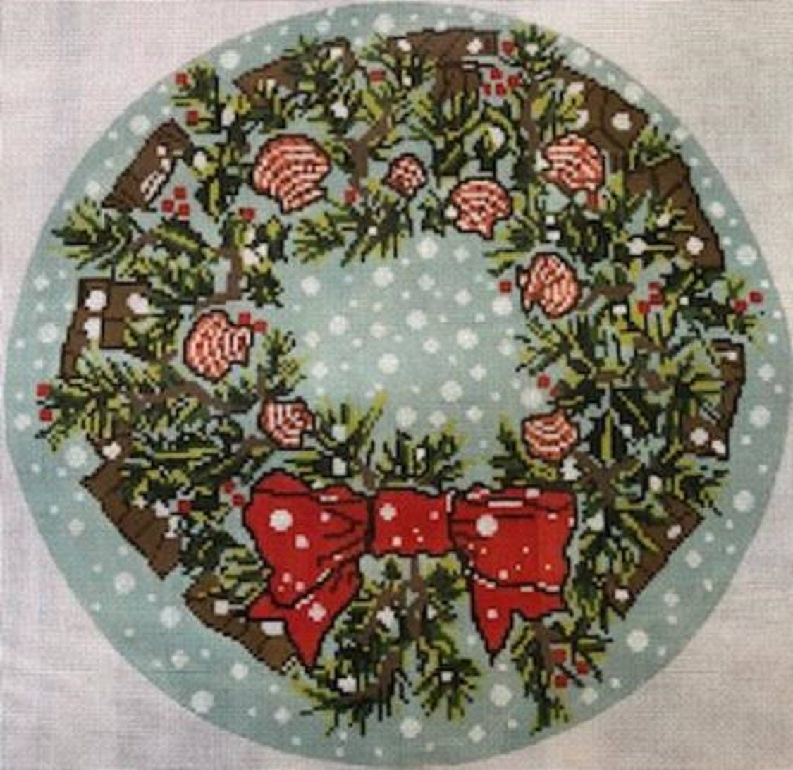 Needlepoint Handpainted Christmas Susan Wallace Barnes Shell Wreath 14x14 -Free Us Shipping