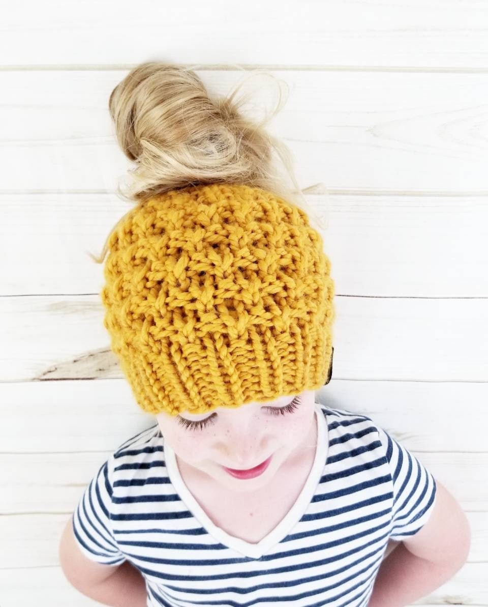 Tristan Messy Bun Knit Beanie, Wool Blend Ponytail Hat, Baby/Toddler, Child/Pre-Teen & Teen/Adult Hat