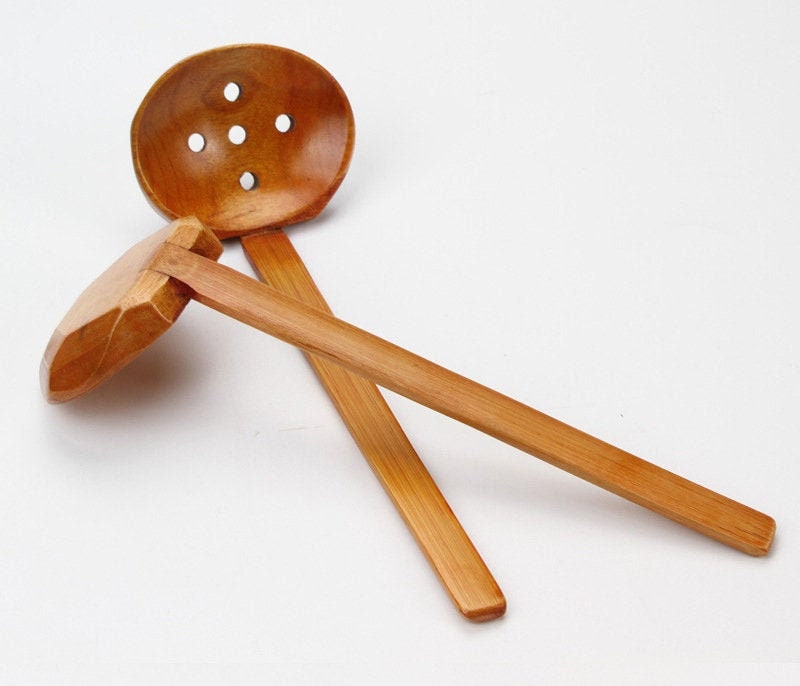 Ramen Spoon Set, Long Handle Soup Ladle & Leaky Ladle, Wooden Noodle Spoon, Eco-Friendly