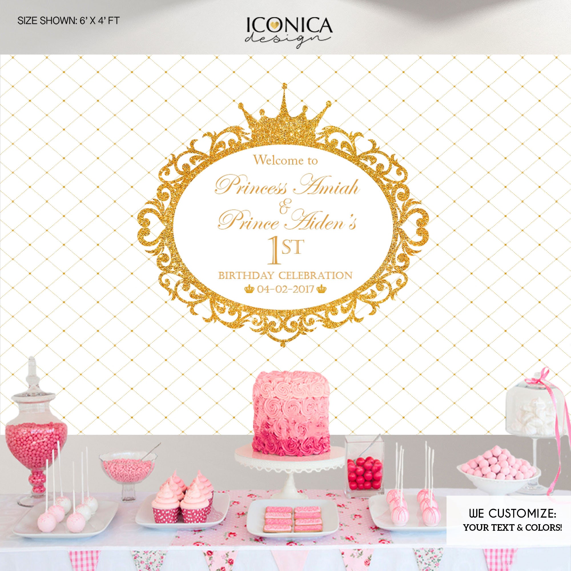 Princess Birthday Party Backdrop, Royal Party White & Gold Banner, Printed Or Printable File, Free Shipping Bbd0128
