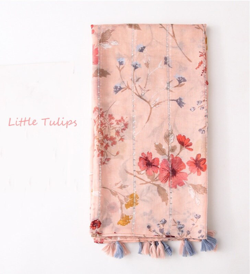Pink Floral Shawl, Fall Leaf Evening Wrap, Scarf With Fringe, Winter Spring Scarf, Gifts For Her