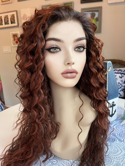 Geneva Frontal Hd Human Blend Lace Front Mono Top Spiced Red Deep Curls Dark Root Hand Tied Drag Wig Pink Wavy