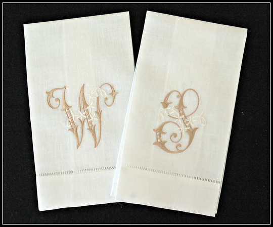 Pair Of Linen Blend Hand Towels /Availanle in White Or Beige /Embroidered/Monogrammed Personalized With Single Letter Two Color Monog