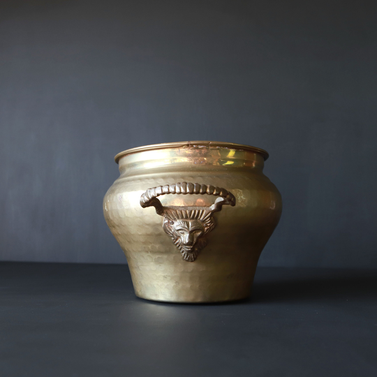 Brass Lion Planter Pot Vintage Hammered Bucket French Farmhouse Cachepot Jardiniere Decor