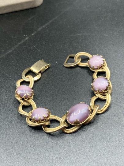 Chunky Chain Double Link Bracelet Gold Tone With Purple Moonglow Glass Stones