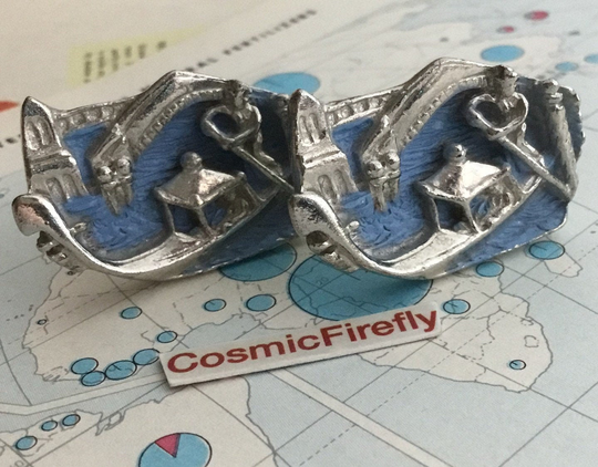 Vintage Big Chunky Venice Italy Gondola Cufflinks Light Blue Silver Plated