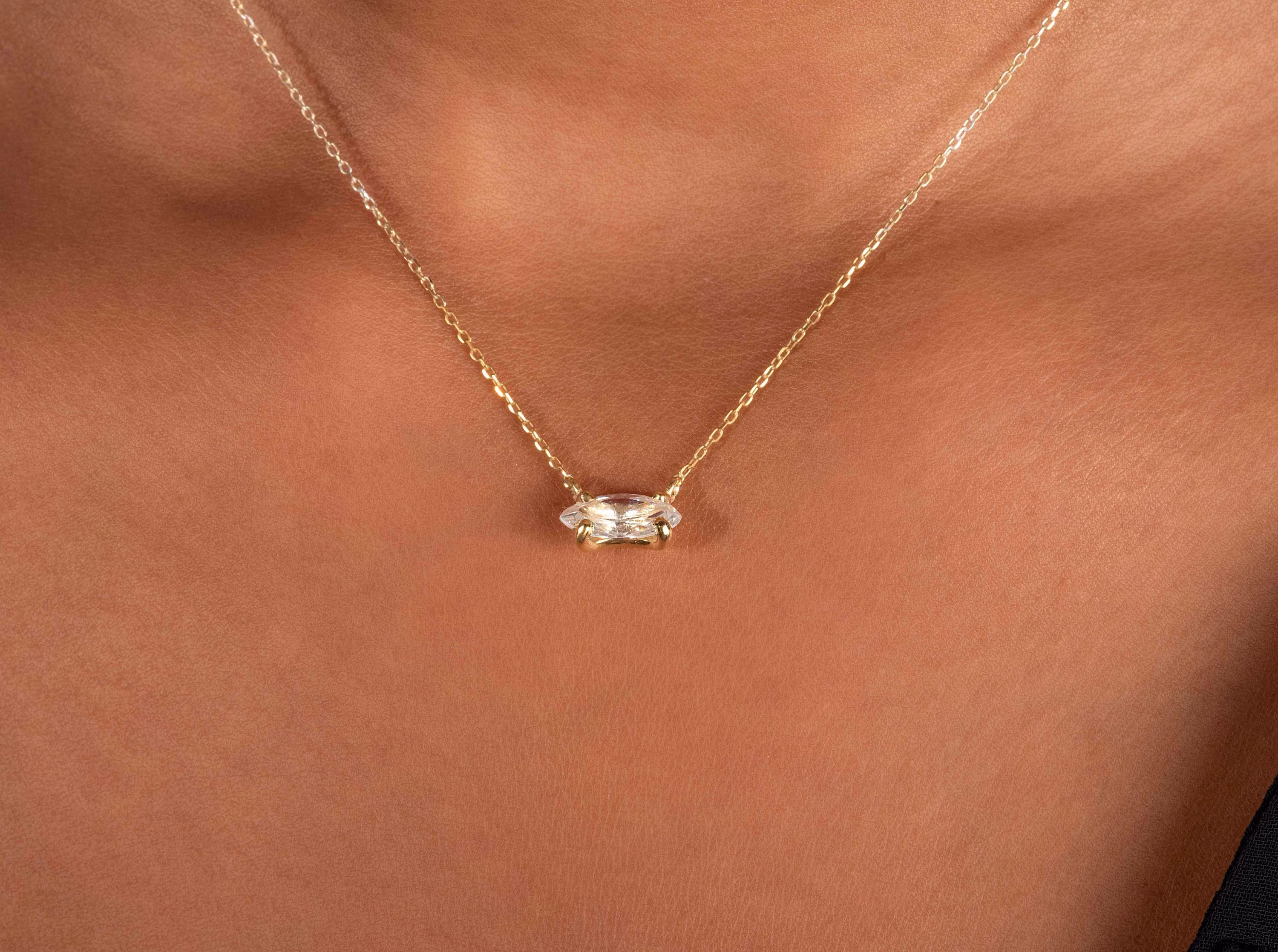 Marquise Necklace 14K Solid Gold Diamond Dainty Solitaire Layer Unique Bridal Jewelry Gift For Mom
