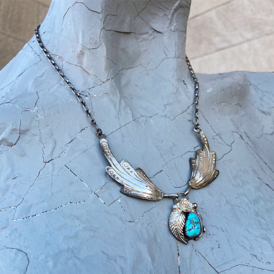 Vintage 60S 70S Mexican Silver Leaf Necklace With Turquoise