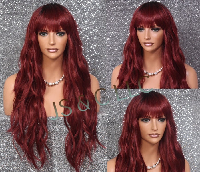 Burgundy Mixed Human Hair Blend Wig Long Looose Wavy Center Mono Hand Tide Dot Crown Cancer Alopecia Theatrical Anime Cosplay Emo