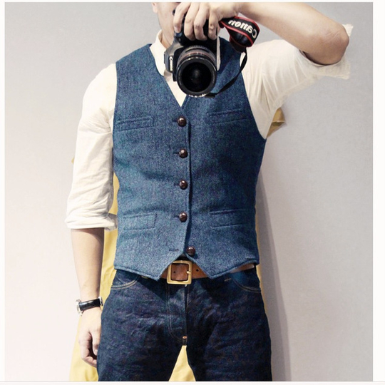 Men's Suit Vest Blue Single Breasted Woolen Blended Mens Vest Denim Jeans Waistcoat Jacket Slim Fit Casual Formal Business - blue, xxl