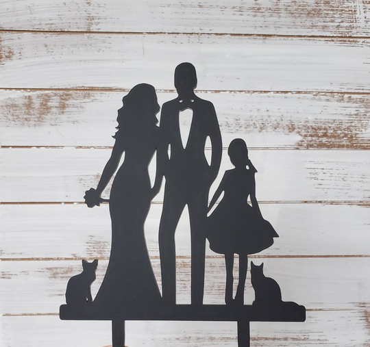 Blended Family Wedding Cake Topper, Wedding, Silhouette Topper With Girl, Cats, Cat W