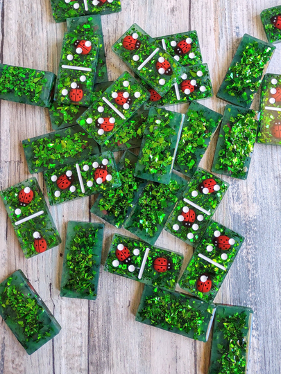 Ladybug Dominoes, Lady Bug Domino Set, Green & Red Dominoes, Double Six Resin Summer Time Hand Made