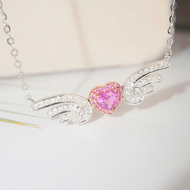 Diamond Pink Sapphire Angel Wings Heart Pendant Necklace in Solid 18K Gold /Custom Jewelry/Personalization Design/Gift For Women & Girls