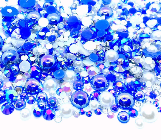 Midnight Snow Blend Rhinestone Mix 2mm-10mm Flatback Jelly Resin | Faux Pearls Mixed Sizes Blue White Gray