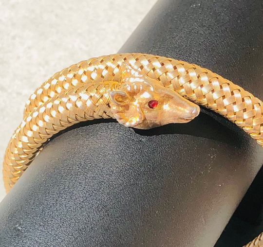 Gold Woven Wrap Around Bangle Rams Heads Bracelet Arm