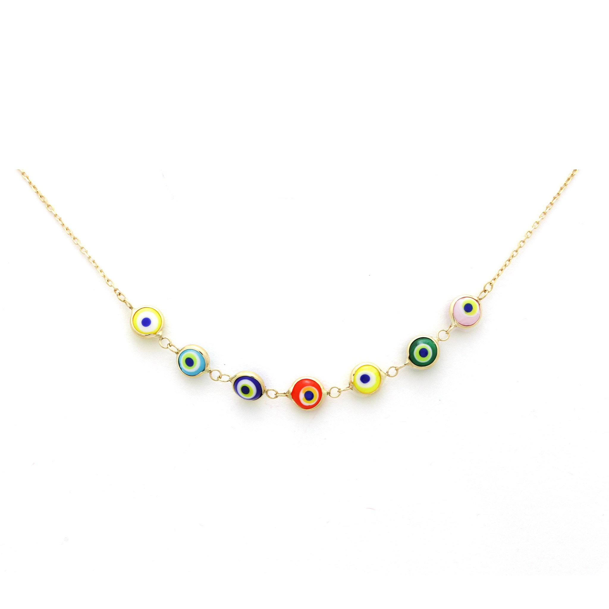 Ancient Protector Evil Eye Necklace, 14K Solid Gold Colorful Sacred Protection, Mix Color Necklace, Gift For Moms