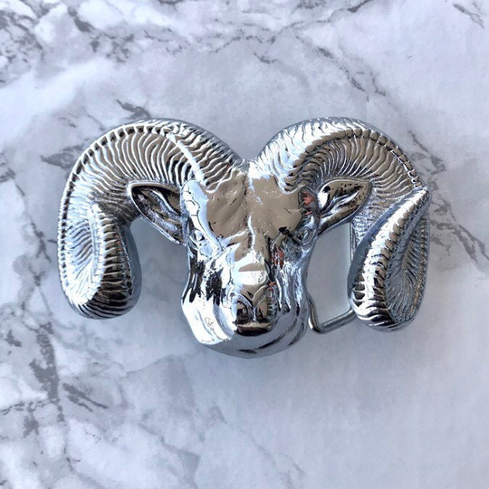 Vintage Belt Buckle Ram Goat Solid Brass Chrome Played 1978 Baron Buckles