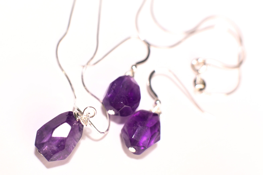 Natural Brazilian Amethyst Raw Freeform Tumbled Cut Nugget Earring & Necklace Set in Italian 925 Sterling Silver, Minimalist, Gift For Her