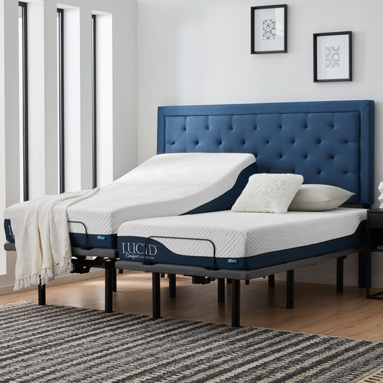 LUCID Comfort Collection Deluxe Adjustable Bed Base with 10-in Firm Split King Hybrid Memory Foam/Coil Blend Mattress in a Box in White