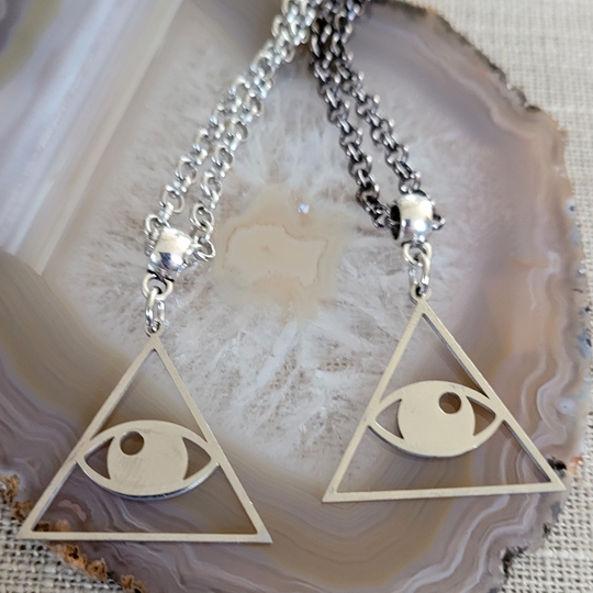 All Seeing Eye Necklace, Your Choice Of Gunmetal Or Silver Rolo Chain, Pyramid Illuminati Jewelry