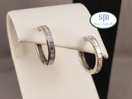 Diamond Earrings, Hoop 14K White Gold Baguette Cut .75Cts Channel Set #e1492