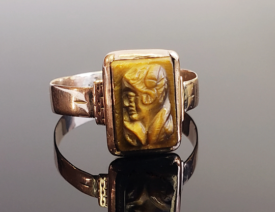 Antique Tiger Eye Cameo Ring Unisex Size 7 Victorian Jewelry Rose Gold