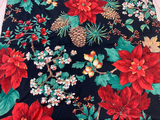 1 Yard Of Vintage Black With Red, Brown & Green Christmas Poinsettias & Pine Cones Cotton Blend Fabric