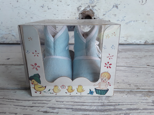 Vintage Blue Baby Cloth Boots Size 1 Gift Box Shoes Boy