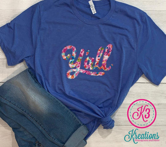 Adult Y'all Pink Multi-Color Tri-Blend Short Sleeve T-Shirt, Shirt, Clothing, Tee